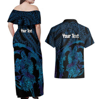 Personalised Tahiti Moorea Atoll Couples Matching Off Shoulder Maxi Dress and Hawaiian Shirt Polynesian Sea Turtle LT14 - Polynesian Pride