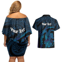 Personalised Tahiti Moorea Atoll Couples Matching Off Shoulder Short Dress and Hawaiian Shirt Polynesian Sea Turtle LT14 - Polynesian Pride