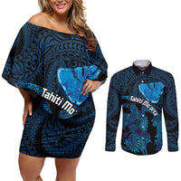 Personalised Tahiti Moorea Atoll Couples Matching Off Shoulder Short Dress and Long Sleeve Button Shirt Polynesian Sea Turtle LT14 Blue - Polynesian Pride