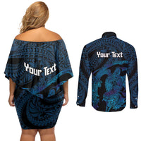 Personalised Tahiti Moorea Atoll Couples Matching Off Shoulder Short Dress and Long Sleeve Button Shirt Polynesian Sea Turtle LT14 - Polynesian Pride