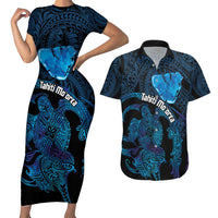 Personalised Tahiti Moorea Atoll Couples Matching Short Sleeve Bodycon Dress and Hawaiian Shirt Polynesian Sea Turtle LT14 Blue - Polynesian Pride