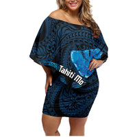 Personalised Tahiti Moorea Atoll Family Matching Off Shoulder Short Dress and Hawaiian Shirt Polynesian Sea Turtle LT14 Mom's Dress Blue - Polynesian Pride
