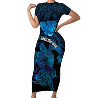 Personalised Tahiti Moorea Atoll Family Matching Short Sleeve Bodycon Dress and Hawaiian Shirt Polynesian Sea Turtle LT14 Mom's Dress Blue - Polynesian Pride