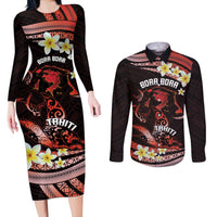Personalised Tahiti Bora Bora Couples Matching Long Sleeve Bodycon Dress and Long Sleeve Button Shirt Manta Rays With Polynesian Plumeria LT14 Red - Polynesian Pride