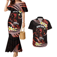 Personalised Tahiti Bora Bora Couples Matching Mermaid Dress and Hawaiian Shirt Manta Rays With Polynesian Plumeria LT14 Red - Polynesian Pride