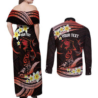 Personalised Tahiti Bora Bora Couples Matching Off Shoulder Maxi Dress and Long Sleeve Button Shirt Manta Rays With Polynesian Plumeria LT14 - Polynesian Pride