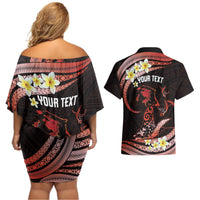Personalised Tahiti Bora Bora Couples Matching Off Shoulder Short Dress and Hawaiian Shirt Manta Rays With Polynesian Plumeria LT14 - Polynesian Pride