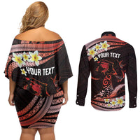 Personalised Tahiti Bora Bora Couples Matching Off Shoulder Short Dress and Long Sleeve Button Shirt Manta Rays With Polynesian Plumeria LT14 - Polynesian Pride