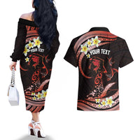 Personalised Tahiti Bora Bora Couples Matching Off The Shoulder Long Sleeve Dress and Hawaiian Shirt Manta Rays With Polynesian Plumeria LT14 - Polynesian Pride