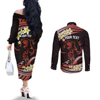 Personalised Tahiti Bora Bora Couples Matching Off The Shoulder Long Sleeve Dress and Long Sleeve Button Shirt Manta Rays With Polynesian Plumeria LT14 - Polynesian Pride