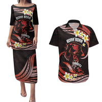 Personalised Tahiti Bora Bora Couples Matching Puletasi and Hawaiian Shirt Manta Rays With Polynesian Plumeria LT14 Red - Polynesian Pride
