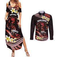 Personalised Tahiti Bora Bora Couples Matching Summer Maxi Dress and Long Sleeve Button Shirt Manta Rays With Polynesian Plumeria LT14 Red - Polynesian Pride