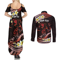 Personalised Tahiti Bora Bora Couples Matching Summer Maxi Dress and Long Sleeve Button Shirt Manta Rays With Polynesian Plumeria LT14 - Polynesian Pride