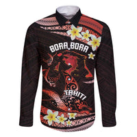 Personalised Tahiti Bora Bora Family Matching Off Shoulder Maxi Dress and Hawaiian Shirt Manta Rays With Polynesian Plumeria LT14 Dad's Shirt - Long Sleeve Red - Polynesian Pride