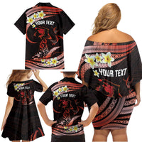 Personalised Tahiti Bora Bora Family Matching Off Shoulder Short Dress and Hawaiian Shirt Manta Rays With Polynesian Plumeria LT14 - Polynesian Pride