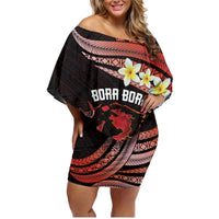 Personalised Tahiti Bora Bora Family Matching Off Shoulder Short Dress and Hawaiian Shirt Manta Rays With Polynesian Plumeria LT14 Mom's Dress Red - Polynesian Pride