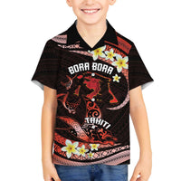Personalised Tahiti Bora Bora Family Matching Off Shoulder Short Dress and Hawaiian Shirt Manta Rays With Polynesian Plumeria LT14 Son's Shirt Red - Polynesian Pride