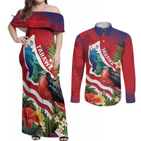 Personalised Kiribati Tarawa Atoll Couples Matching Off Shoulder Maxi Dress and Long Sleeve Button Shirt Frigate Bird With Map Tropical Style LT14 Red - Polynesian Pride