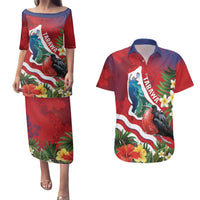 Personalised Kiribati Tarawa Atoll Couples Matching Puletasi and Hawaiian Shirt Frigate Bird With Map Tropical Style LT14 Red - Polynesian Pride