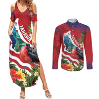 Personalised Kiribati Tarawa Atoll Couples Matching Summer Maxi Dress and Long Sleeve Button Shirt Frigate Bird With Map Tropical Style LT14 Red - Polynesian Pride