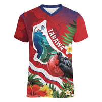 Personalised Kiribati Tarawa Atoll Women V-Neck T-Shirt Frigate Bird With Map Tropical Style LT14 Female Red - Polynesian Pride