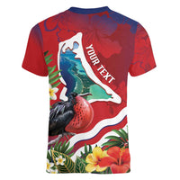 Personalised Kiribati Tarawa Atoll Women V-Neck T-Shirt Frigate Bird With Map Tropical Style LT14 - Polynesian Pride