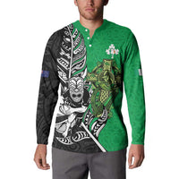 New Zealand and Ireland Rugby Custom Button Sweatshirt Maori Tiki Fern Irish Celtic Cross - Polynesian Pride