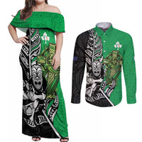 New Zealand and Ireland Rugby Custom Couples Matching Off Shoulder Maxi Dress and Long Sleeve Button Shirt Maori Tiki Fern Irish Celtic Cross LT14 Green - Polynesian Pride