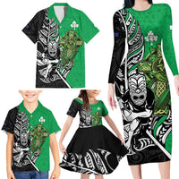 New Zealand and Ireland Rugby Custom Family Matching Long Sleeve Bodycon Dress and Hawaiian Shirt Maori Tiki Fern Irish Celtic Cross LT14 - Polynesian Pride