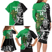 New Zealand and Ireland Rugby Custom Family Matching Long Sleeve Bodycon Dress and Hawaiian Shirt Maori Tiki Fern Irish Celtic Cross LT14 - Polynesian Pride