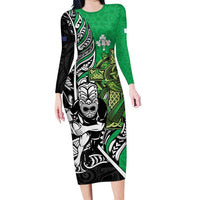 New Zealand and Ireland Rugby Custom Family Matching Long Sleeve Bodycon Dress and Hawaiian Shirt Maori Tiki Fern Irish Celtic Cross LT14 Mom's Dress Green - Polynesian Pride