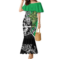 New Zealand and Ireland Rugby Custom Family Matching Mermaid Dress and Hawaiian Shirt Maori Tiki Fern Irish Celtic Cross LT14 Mom's Dress Green - Polynesian Pride