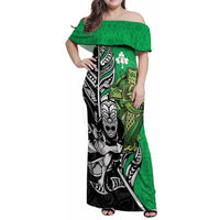 New Zealand and Ireland Rugby Custom Family Matching Off Shoulder Maxi Dress and Hawaiian Shirt Maori Tiki Fern Irish Celtic Cross LT14 Mom's Dress Green - Polynesian Pride