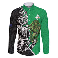 New Zealand and Ireland Rugby Custom Family Matching Short Sleeve Bodycon Dress and Hawaiian Shirt Maori Tiki Fern Irish Celtic Cross LT14 Dad's Shirt - Long Sleeve Green - Polynesian Pride