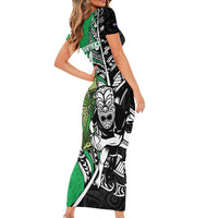 New Zealand and Ireland Rugby Custom Family Matching Short Sleeve Bodycon Dress and Hawaiian Shirt Maori Tiki Fern Irish Celtic Cross LT14 - Polynesian Pride