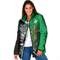 New Zealand and Ireland Rugby Custom Padded Jacket Maori Tiki Fern Irish Celtic Cross - Polynesian Pride
