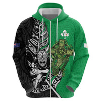New Zealand and Ireland Rugby Custom Zip Hoodie Maori Tiki Fern Irish Celtic Cross LT14 - Polynesian Pride
