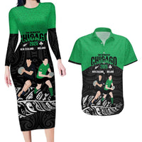 New Zealand and Ireland Rugby Custom Couples Matching Long Sleeve Bodycon Dress and Hawaiian Shirt Chicago 2025 Go All Black Shamrocks - Polynesian Pride