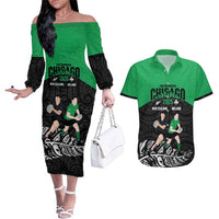 New Zealand and Ireland Rugby Custom Couples Matching Off The Shoulder Long Sleeve Dress and Hawaiian Shirt Chicago 2025 Go All Black Shamrocks LT14 Black - Polynesian Pride