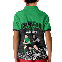New Zealand and Ireland Rugby Custom Kid Polo Shirt Chicago 2025 Go All Black Shamrocks LT14 - Polynesian Pride