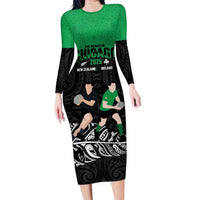 New Zealand and Ireland Rugby Custom Long Sleeve Bodycon Dress Chicago 2025 Go All Black Shamrocks LT14 Long Dress Black - Polynesian Pride
