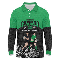 New Zealand and Ireland Rugby Custom Long Sleeve Polo Shirt Chicago 2025 Go All Black Shamrocks LT14 Black - Polynesian Pride