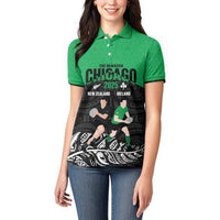 New Zealand and Ireland Rugby Custom Women Polo Shirt Chicago 2025 Go All Black Shamrocks - Polynesian Pride