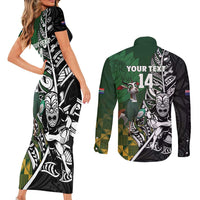 New Zealand and South Africa Rugby Custom Couples Matching Short Sleeve Bodycon Dress and Long Sleeve Button Shirt Maori Tiki Fern Springboks Kente Pattern LT14 - Polynesian Pride