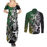 New Zealand and South Africa Rugby Custom Couples Matching Summer Maxi Dress and Long Sleeve Button Shirt Maori Tiki Fern Springboks Kente Pattern LT14 - Polynesian Pride