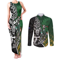 New Zealand and South Africa Rugby Custom Couples Matching Tank Maxi Dress and Long Sleeve Button Shirt Maori Tiki Fern Springboks Kente Pattern LT14 Green - Polynesian Pride