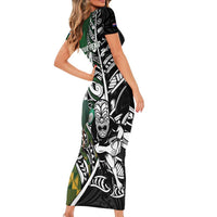 New Zealand and South Africa Rugby Custom Family Matching Short Sleeve Bodycon Dress and Hawaiian Shirt Maori Tiki Fern Springboks Kente Pattern LT14 - Polynesian Pride