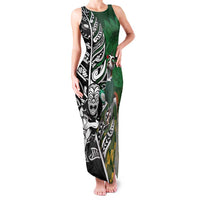 New Zealand and South Africa Rugby Custom Family Matching Tank Maxi Dress and Hawaiian Shirt Maori Tiki Fern Springboks Kente Pattern LT14 Mom's Dress Green - Polynesian Pride