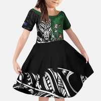 New Zealand and South Africa Rugby Custom Kid Short Sleeve Dress Maori Tiki Fern Springboks Kente Pattern LT14 KID Green - Polynesian Pride