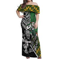 New Zealand and South Africa Rugby Custom Off Shoulder Maxi Dress Maori Tiki Fern Springboks Kente Pattern LT14 Women Green - Polynesian Pride